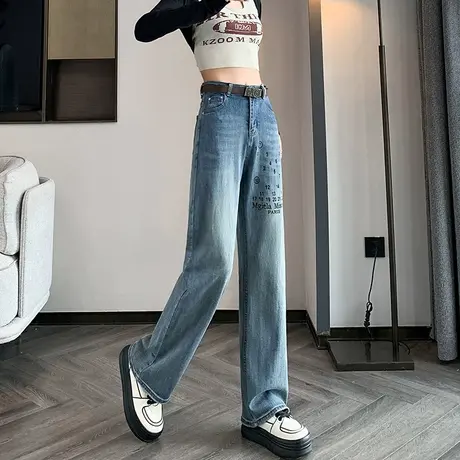 窄版直筒裤牛仔裤女春秋2024新款字母高腰宽松显瘦百搭蓝色阔腿裤图片