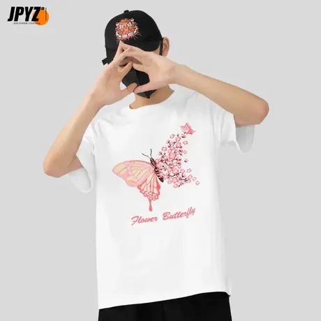 短袖T恤男情侣装2022新款潮流宽松蝴蝶梅花刺绣半袖上衣纯棉体恤商品大图