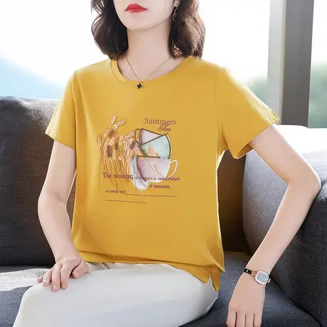 短袖t恤女夏装洋气质中年妈妈宽松上衣大码刺绣花体恤衫棉质半袖商品大图