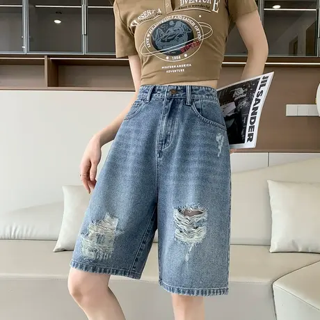 破洞牛仔短裤女新款直筒宽松2024新款春夏a字做旧高腰辣妹五分裤商品大图