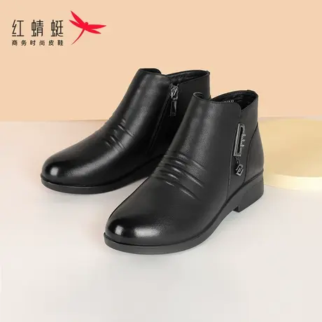 红蜻蜓靴子女短靴秋冬季新款百搭真皮平底单靴黑色保暖短筒靴加绒商品大图