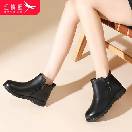 红蜻蜓秋冬季简约加绒加厚女中筒短靴2023新款女鞋休闲妈妈鞋舒适商品大图