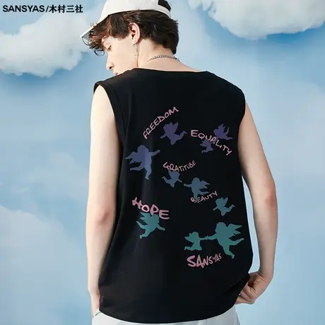 木村三社天使坎肩网红背心高街男2022新款美式复古男士无袖t恤图片