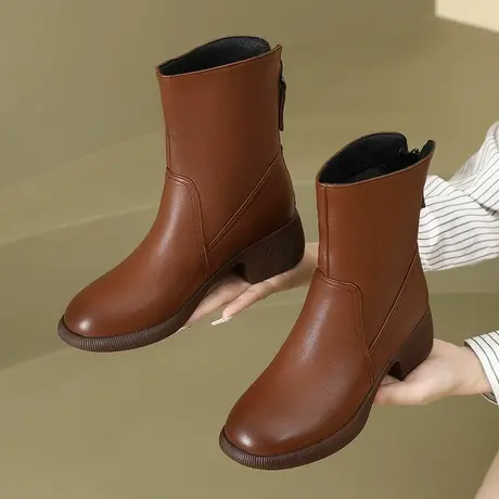 2023早秋新款靴子大码皮靴女英伦风马丁靴夏季真皮单靴加绒女靴商品大图