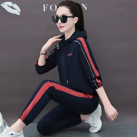 梭织休闲运动服套装女春秋2023年新款时髦连帽拉链卫衣外套两件套商品大图