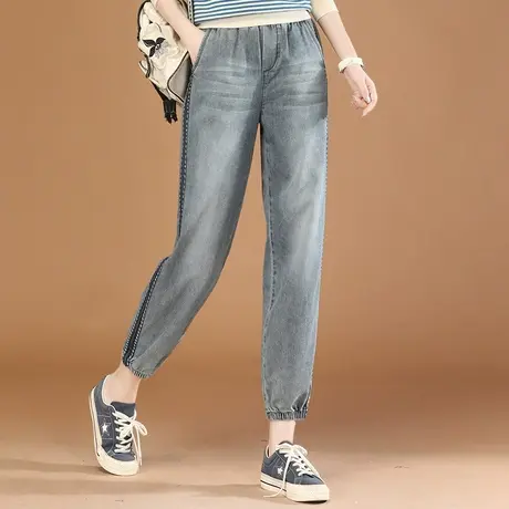 韩潮袭人松紧腰拼接休闲牛仔裤女2023秋季新款宽松显瘦哈伦束脚裤商品大图
