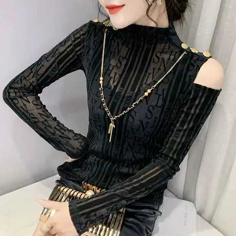 性感露肩T恤蕾丝女装设计感洋气上衣百搭加绒打底衫女长袖秋冬潮图片