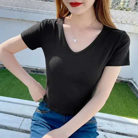 v领漏肚脐短袖t恤纯棉女士春夏短款百搭修身打底衫黑色正肩潮上衣商品大图