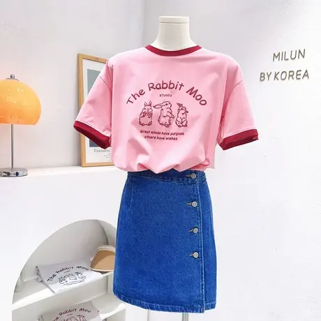 小个子短袖上衣2023春夏款韩国东大门高级感复古美式拼色正肩T恤图片