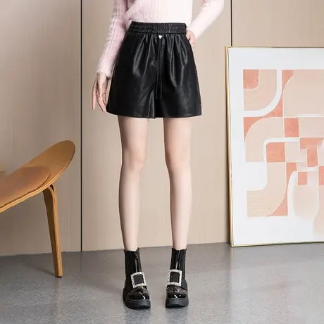 松紧腰黑色皮短裤女秋季2023新款外穿PU皮裤阔腿裤百搭休闲靴裤子图片