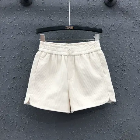 灯芯绒短裤女2023秋季新款米白色松紧腰宽松显瘦阔腿裤女休闲靴裤商品大图