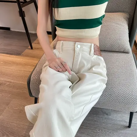 白色哈伦休闲裤女春秋2023年新款春装高腰宽松显瘦直筒萝卜老爹裤图片