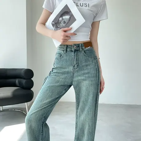 复古窄版阔腿牛仔裤女2023年春秋新款美式高腰设计感宽松直筒长裤商品大图