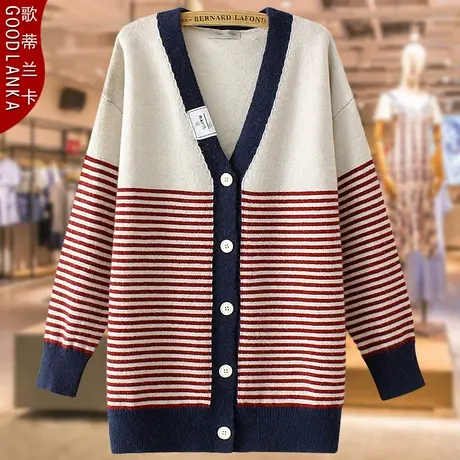 加肥加大码中年妈妈秋装毛衣200斤宽松遮肚撞色条纹开衫毛衣外套图片