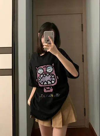 美式复古纯棉正肩短袖t恤女夏季宽松潮牌ins设计感小众半袖上衣服商品大图