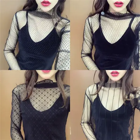 2023新款春装蕾丝打底衫半高领长袖内搭洋气小衫镂空网纱上衣女商品大图