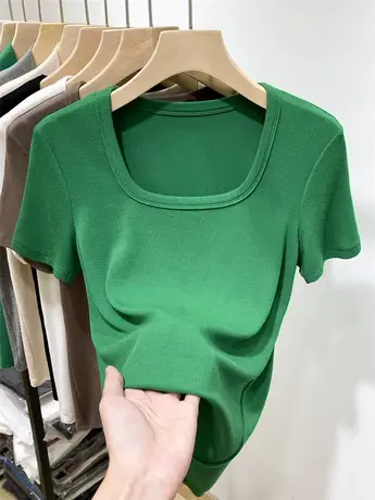 欧货百搭螺纹方领锁骨短袖t恤女2022新款夏装修身洋气小衫上衣薄图片