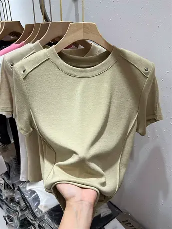 短袖圆领针织衫女欧货拼接设计T恤2023年春夏新款上衣纯色打底衫图片