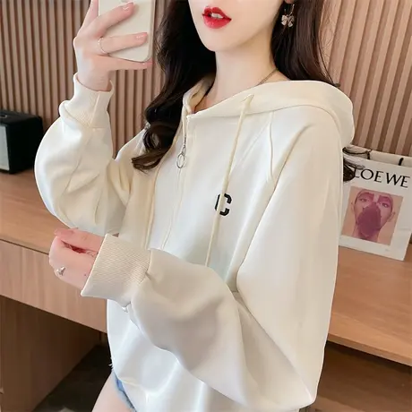 早秋连帽卫衣女2023新款春秋季韩版宽松薄款初秋小个子半拉链外套商品大图
