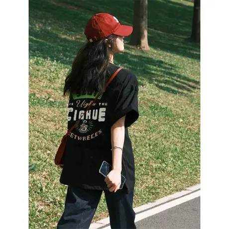纯棉设计感短袖t恤女夏季新款小众潮牌宽松港风chic半袖大版上衣商品大图