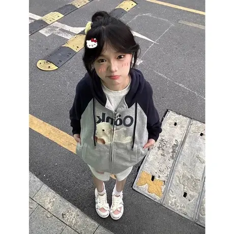 美式复古插肩袖开衫连帽卫衣女春秋薄款小个子宽松慵懒风上衣外套商品大图