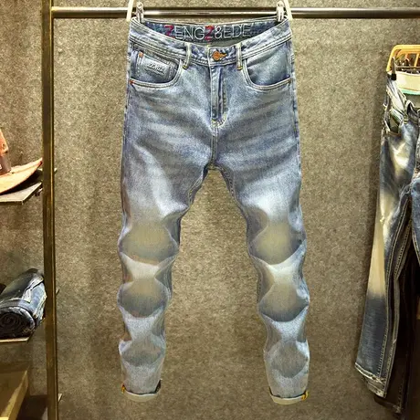 高级感水洗牛仔裤男弹力修身小脚裤潮牌腰头刺绣美式复古小直筒裤商品大图