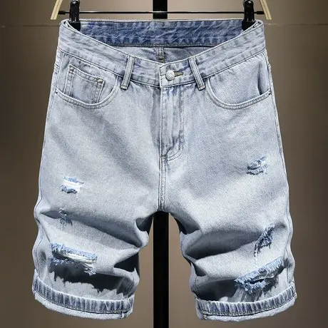 夏季薄款破洞牛仔短裤男直筒宽松百搭男士休闲五分裤时尚中裤潮牌商品大图