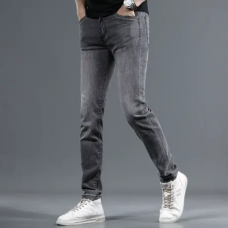 黑灰色夏季牛仔裤男2023新款高端潮牌修身小脚弹力休闲裤子男长裤商品大图