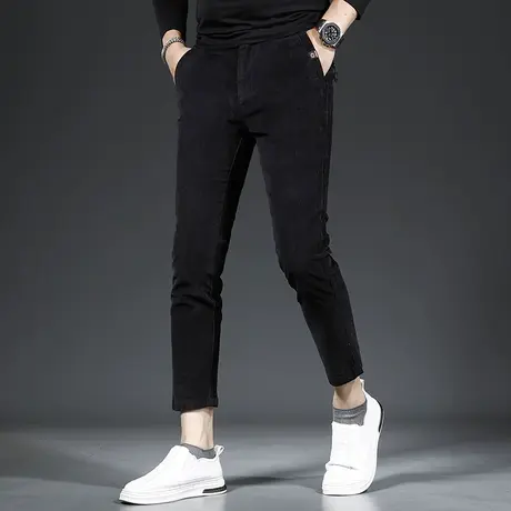 秋冬季灯芯绒九分休闲裤男纯黑色潮牌修身小脚2022年新款百搭裤子商品大图