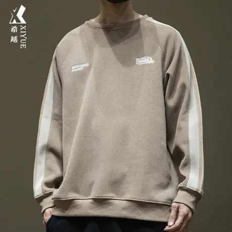 希越380g欧棉绒卫衣男秋季卡其色套头衫宽松大码胖子圆领撞色男装商品大图