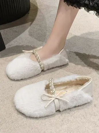 小香风毛毛鞋女秋冬季外穿网红一脚蹬平底豆豆鞋2023新款加绒棉鞋图片