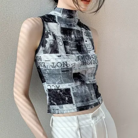 双层网纱半高领无袖背心女2023夏季新款美式复古风内搭上衣外穿图片