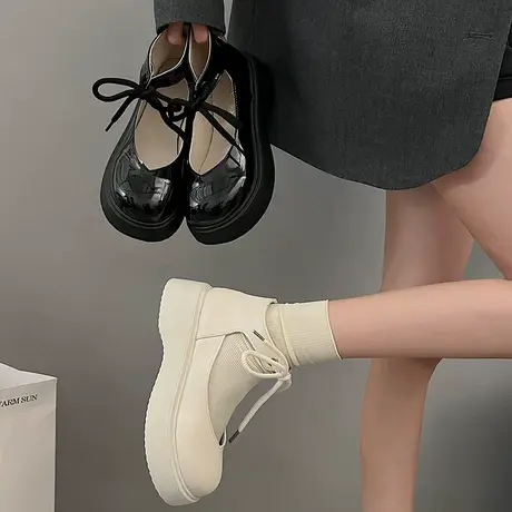 法式玛丽珍鞋女2024新款春秋浅口蝴蝶结单鞋配裙子小皮鞋厚底复古商品大图