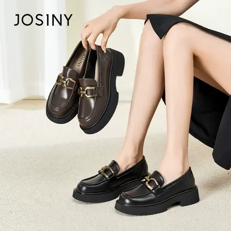 Josiny粗跟乐福鞋女2023年新款春季单鞋一脚蹬软皮软底黑色小皮鞋商品大图