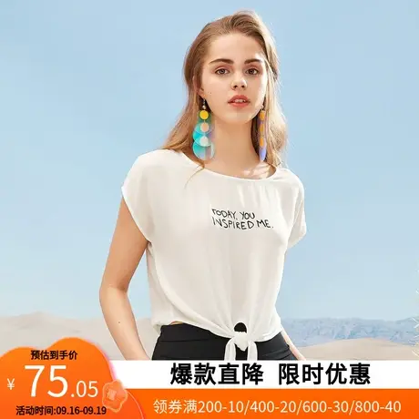 【艾格】2023夏新款雪纺衫女蕾丝拼接系带字母落肩休闲上衣T恤商品大图