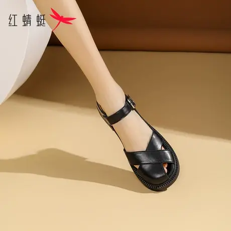 红蜻蜓罗马凉鞋女2023新款夏季黑色镂空沙滩鞋女士一字扣真皮女鞋图片