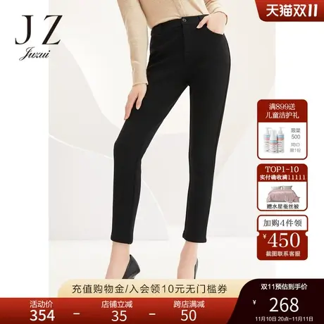 玖姿松紧弹力修身加绒保暖简约黑色女休闲裤JUZUI-2021冬季新款商品大图