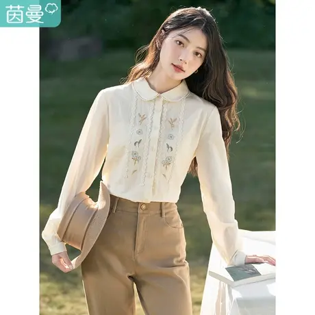 茵曼长袖衬衫女春装2023新款文艺田园精致复古绣花花边百搭衬衣服图片