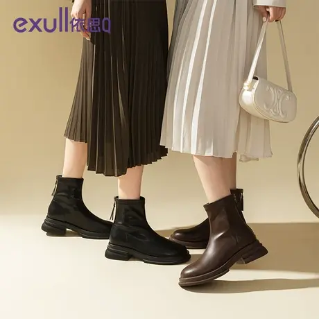 依思Q靴子马丁靴女款2023新款黑色加绒乐福靴女炸街小短靴秋冬季图片