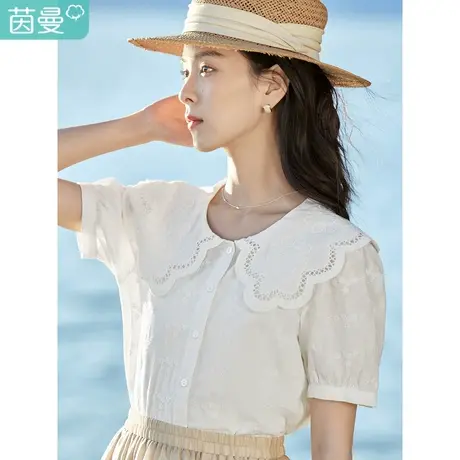 茵曼优雅文艺衬衣2023夏女装新款纯棉肌理感绣花娃娃领泡泡袖衬衫商品大图