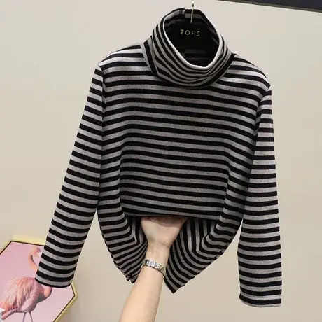 条纹打底衫女高领加绒加厚秋冬内搭长袖卫衣宽松韩版百搭上衣t恤商品大图