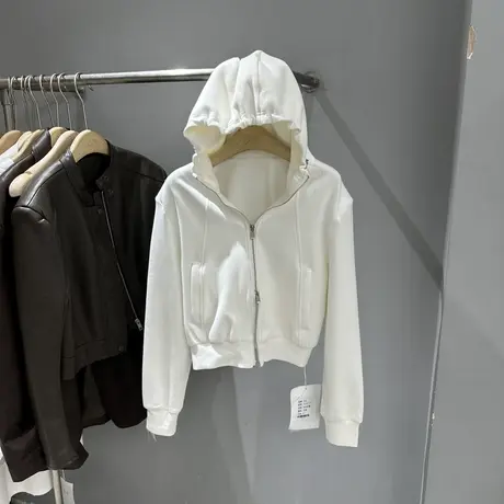 2023秋装新款连帽领纯色简约拉链宽松短款长袖卫衣女春秋外套上衣图片