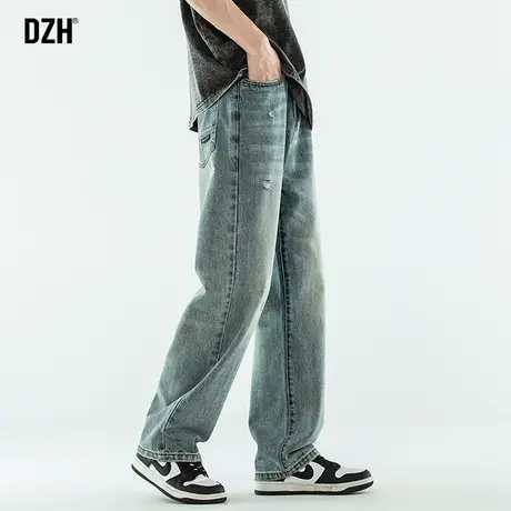 男士浅色破洞牛仔裤男秋冬新款高街裤子2023年新款休闲裤直筒垂感商品大图