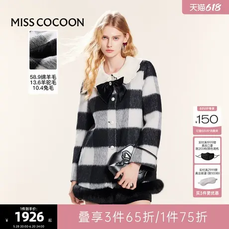 可可尼cocoon2024新款黑白格子毛呢外套蝴蝶结上衣圣诞穿搭大衣女商品大图