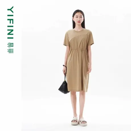 [专柜同款]Yifini/易菲解构拼接索罗娜腰部抽绳直筒短袖连衣裙女图片