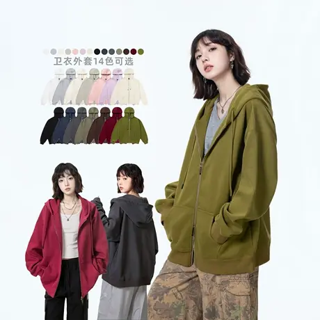 复古橄榄绿连帽卫衣女春秋2025新款纯色潮牌长袖上衣宽松开衫外套图片