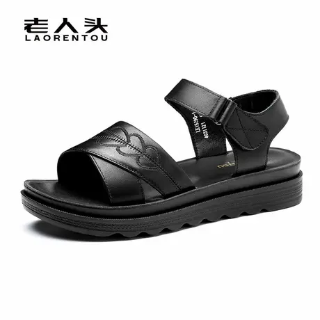 老人头头层牛皮凉鞋女2025夏季新款平底真皮中老年妈妈沙滩鞋女商品大图