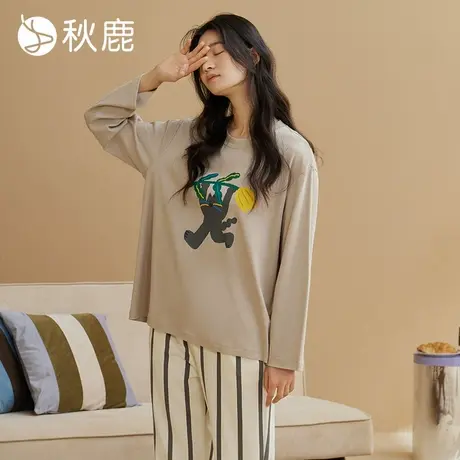 秋鹿【超柔软】纯棉抑菌睡衣女秋卡通条纹圆领长袖长裤家居服套装商品大图