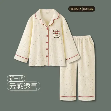 Pinksea睡衣女春秋新款梭织纯棉纱布长袖套装可爱猫咪大码家居服商品大图