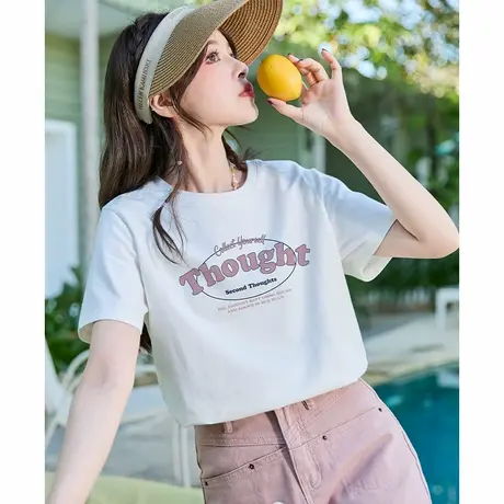 唐狮短袖T恤夏季新款女圆领前胸字母图案甜美简约日常百搭打底衫商品大图